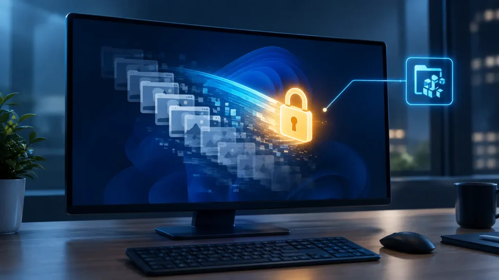 An endpoint security schematic highlighting registry policy overrides deployed to disable windows 11 recall and secure local user data from continuous snapshot logging.