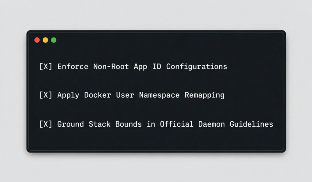 A high-contrast user interface infographic listing the three core terminal tactics required for securing self hosted bitwarden containers.