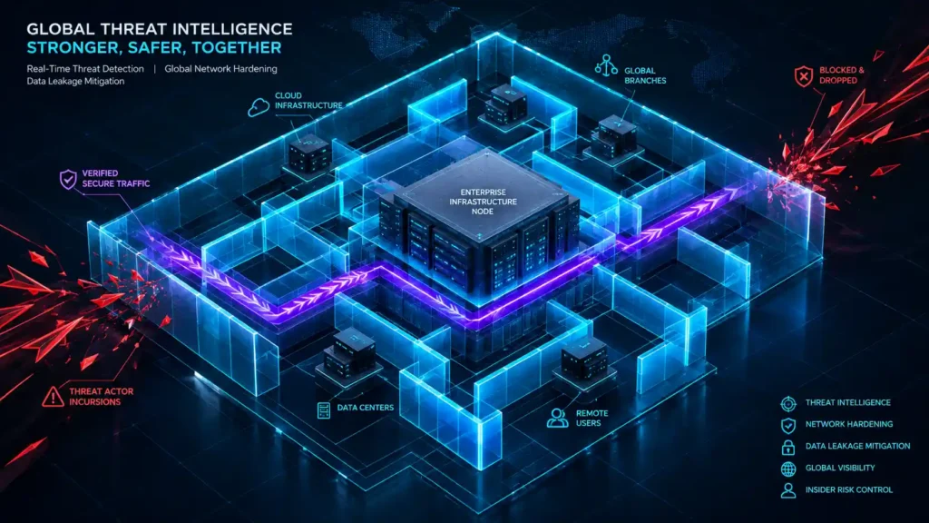 Isometric 3D architectural diagram mapping the enisa threat landscape infrastructure patterns, featuring a sharp cubic grid matrix and linear security corridors protecting a central monolithic server node by blocking incoming jagged threat shards at the perimeter.