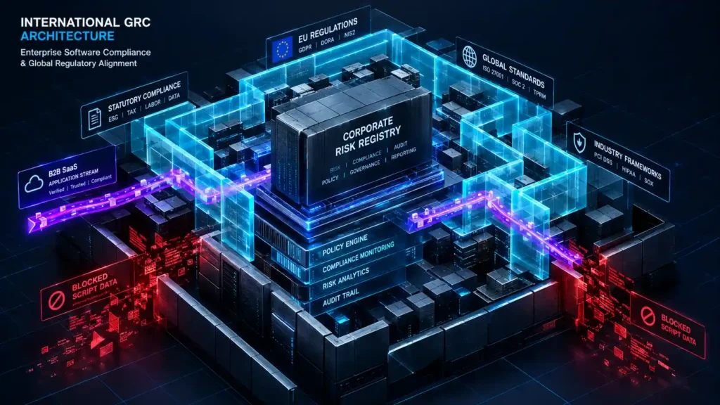 Isometric 3D architectural diagram featuring a sharp cubic grid matrix and linear security walls enclosing a central monolithic data registry block, illustrating a multi-tiered GRC framework built to achieve EU AI Act compliance.