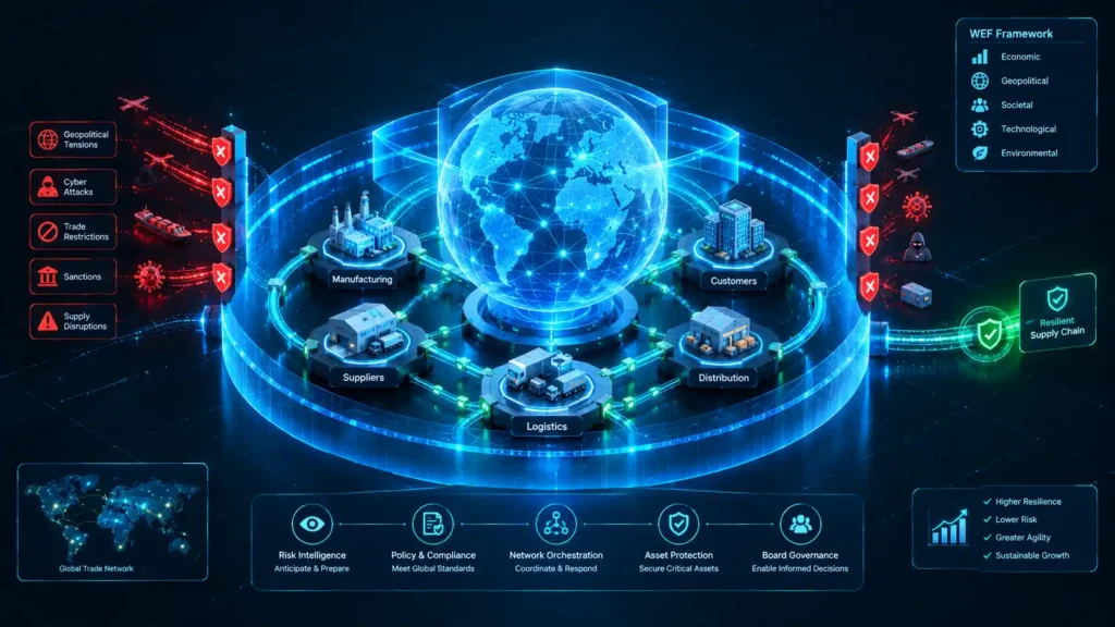Isometric 3D architectural diagram demonstrating the structural framework of the global cybersecurity outlook 2026, illustrating a secure enterprise supply chain protected by centralized zero-trust access gates.