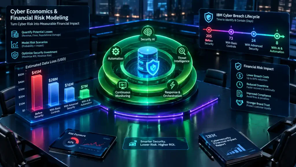 Isometric 3D data visualization charting a financial risk model from the ibm cost of a data breach report, demonstrating how advanced security automation shrinks threat lifecycles to stop corporate loss exposures.