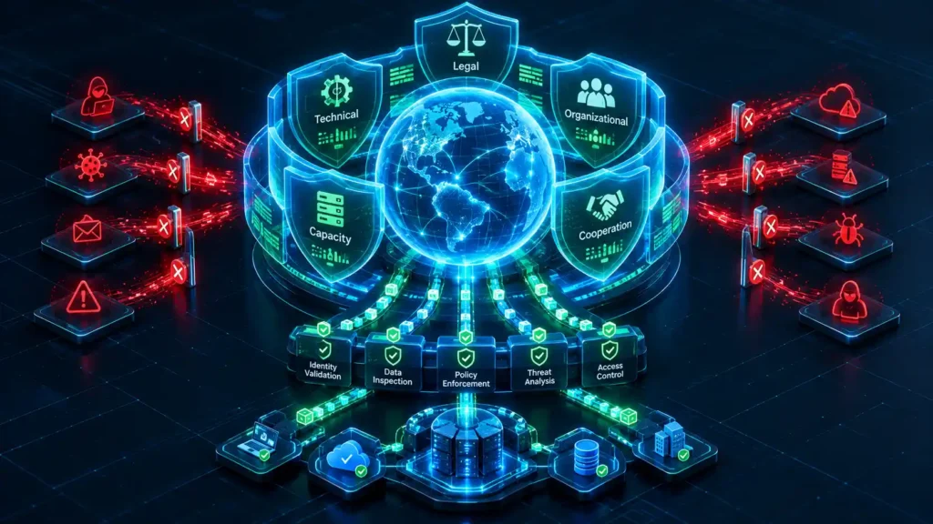 Isometric 3D architectural diagram demonstrating the structural framework of the global cybersecurity index 2024, showing a secure global infrastructure protected by five distinct, interconnected compliance pillars.