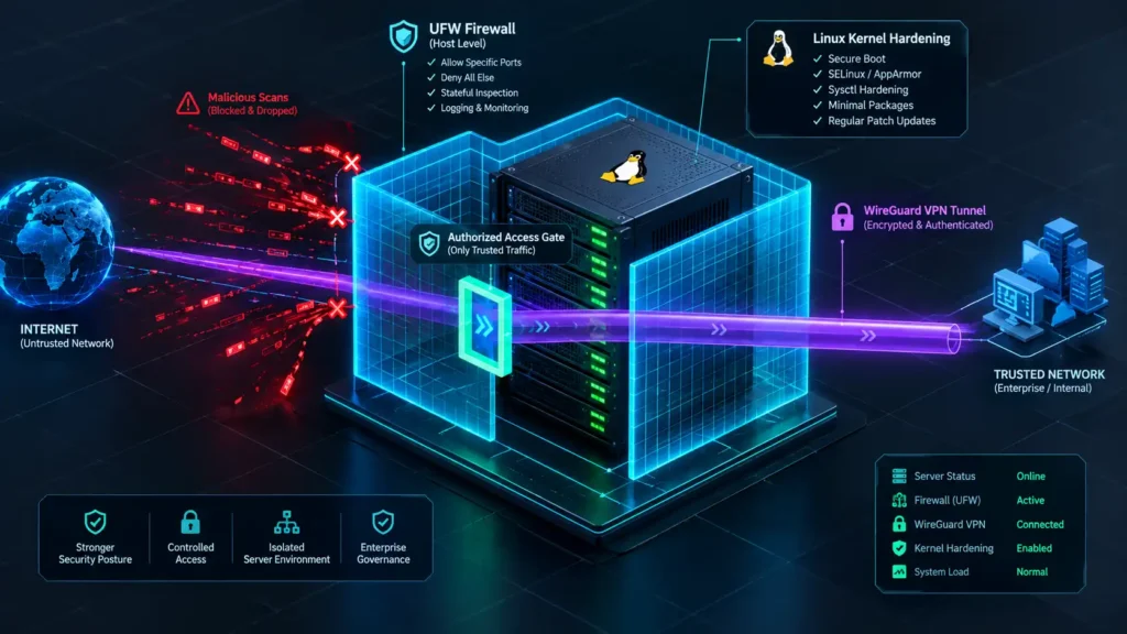 Isometric 3D technical graphic demonstrating a secure host network architecture configuring linux ufw firewall wireguard rules, showing a clean encrypted tunnel successfully crossing an isolated firewall grid.