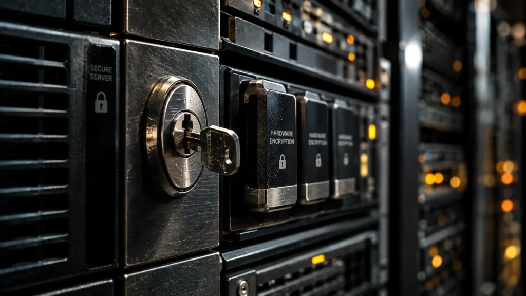 Gritty cinematic macro photograph focusing on a dark steel hardware token and server chassis lock, representing the structural identity isolation controls demanded by the microsoft digital defense report framework metrics.