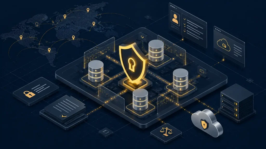 An isometric technical schematic showcasing five strategic privacy controls for navigating GDPR for startups to isolate customer data and prevent regulatory fines.