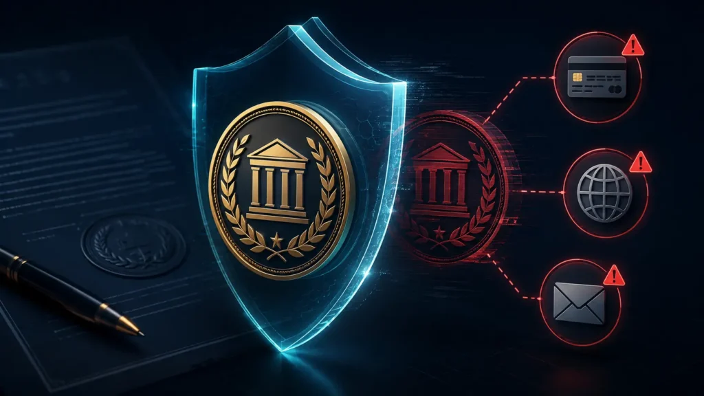 A high-contrast flow diagram showing a security gate separating a genuine corporate logo from a clone asset, visualizing the framework for neutralizing corporate identity theft exposures.