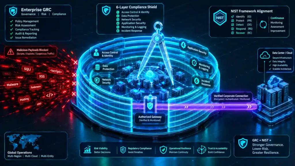 Isometric 3D architectural diagram illustrating the deployment of a nist framework alignment roadmap inside an enterprise GRC environment, demonstrating multi-layered security controls blocking compliance drift at the endpoint edge.