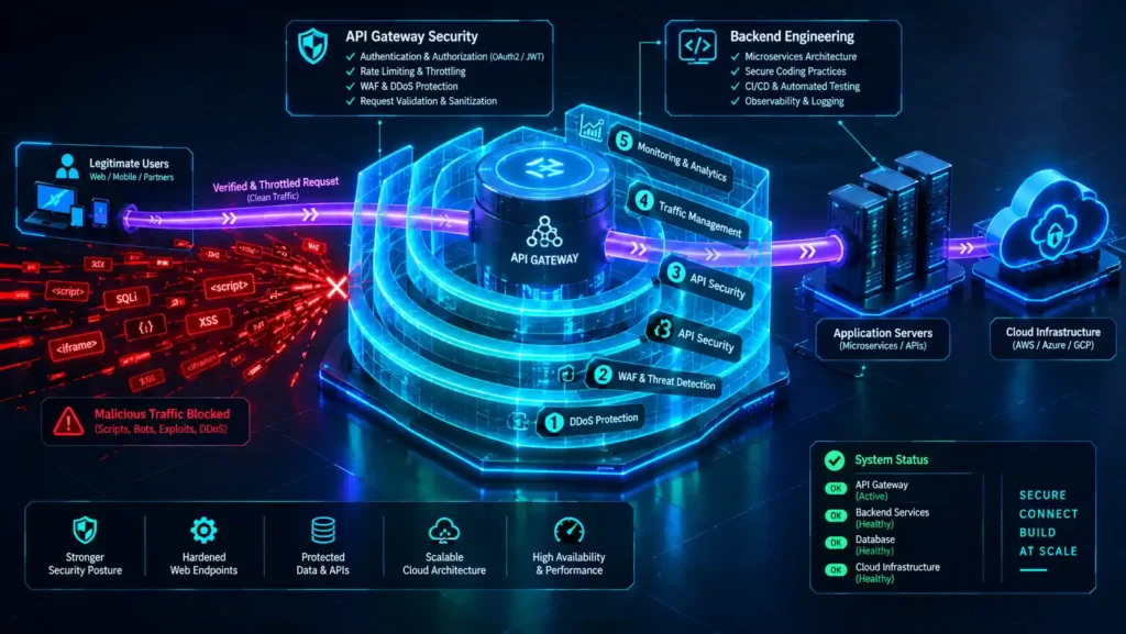Isometric 3D architectural diagram illustrating the deployment of an openai api rate limit configuration inside a Node.js backend environment, demonstrating multi-layered middleware blocking automated billing attacks at the endpoint edge.
