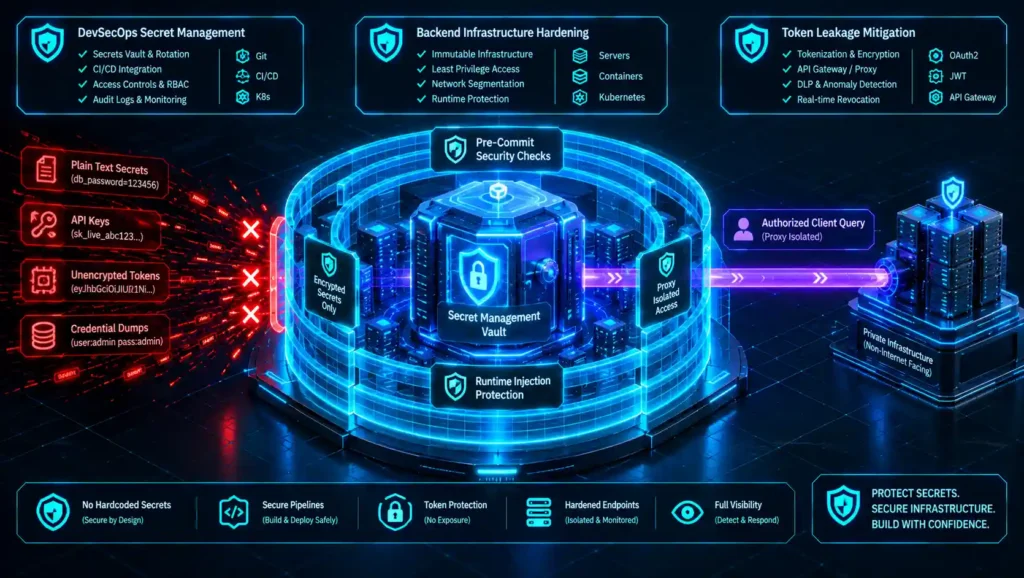 Isometric 3D architectural diagram illustrating the deployment of an automated secrets governance architecture designed to prevent api key leakage on private servers, demonstrating runtime variable isolation layers blocking credential exposure.