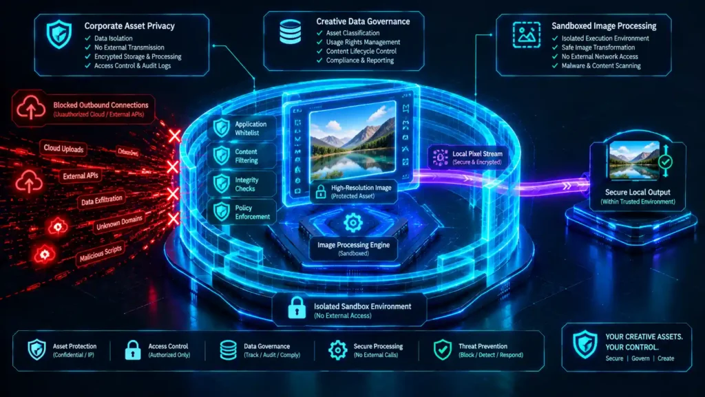 Isometric 3D architectural diagram illustrating the deployment of private background removal tools inside an enterprise creative environment, demonstrating sandboxed local browser processing blocking client data leaks at the hardware edge.
