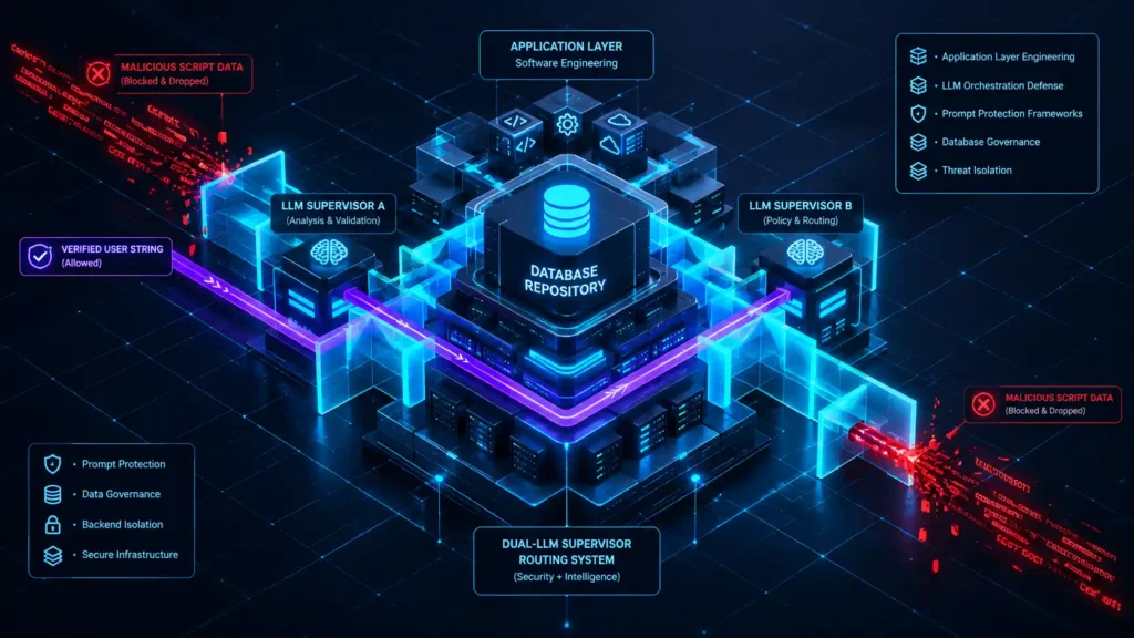 Isometric 3D architectural diagram featuring a sharp cubic grid network and linear security corridors protecting a central monolithic data repository, illustrating a dual-LLM validation pipeline designed to enforce a prompt injection defense.