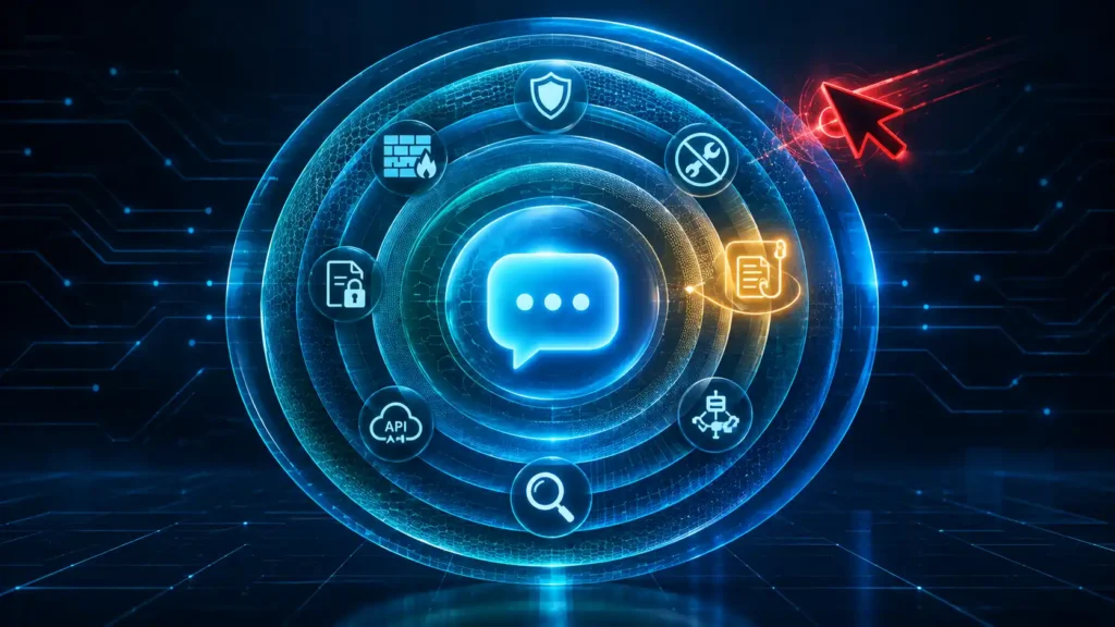 Architectural graphic showing a custom chat interface bubble encased in a multi-layered firewall to protect openai custom gpt configurations from malicious leakage while deploying a decoy honeypot to misdirect an automated prompt extraction attempt.