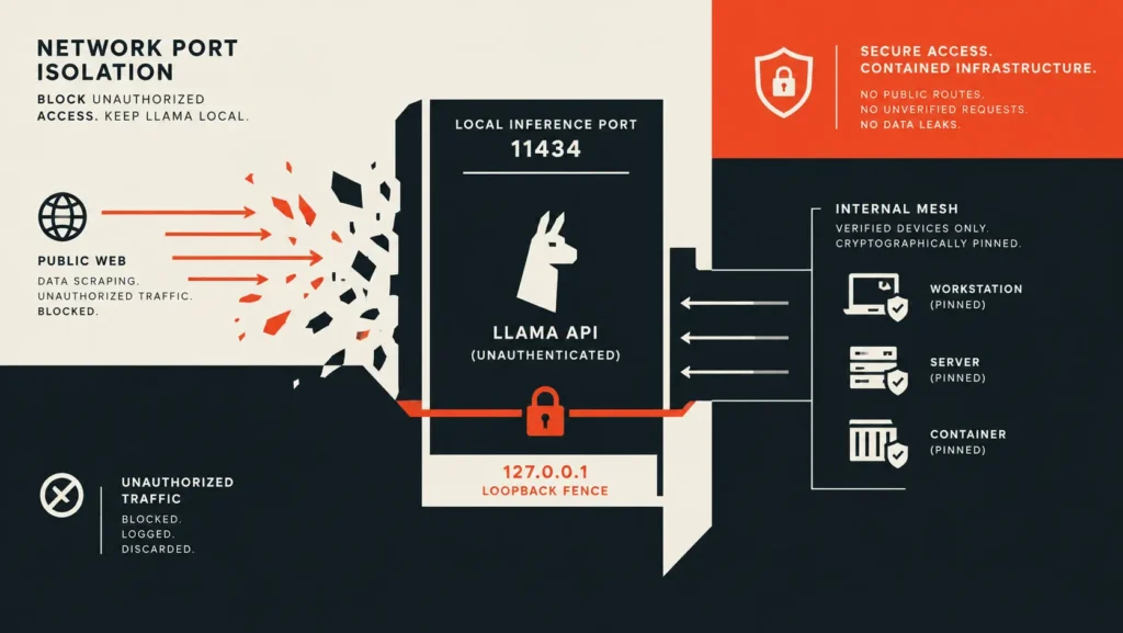 Flat modernist Swiss poster art utilizing sharp rectangular color blocks and minimalist lines to represent local loopback constraints and virtual mesh boundaries, illustrating infrastructure frameworks built to restrict Llama API access.