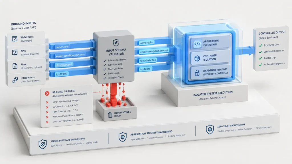 Premium 3D studio clay layout featuring a sharp matte-white layout and linear security block structures protecting a central model validation node, demonstrating input schema filters built to enforce secure langchain tool execution.