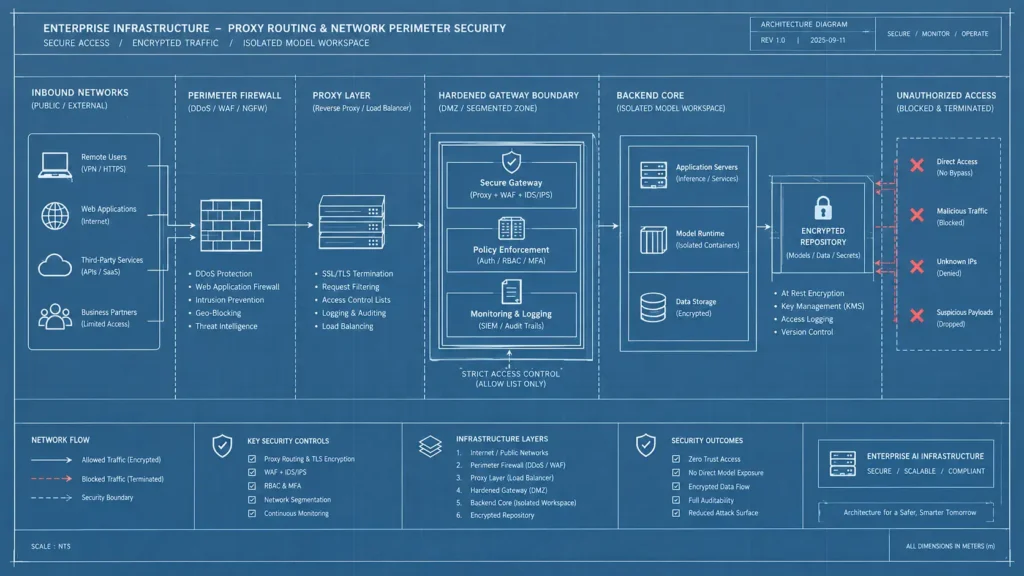 Flat engineering schematic in a technical architectural blueprint style mapping server configurations to secure open webui nginx deployments, showing linear boundary lines blocking unauthenticated routing paths at the proxy layer.
