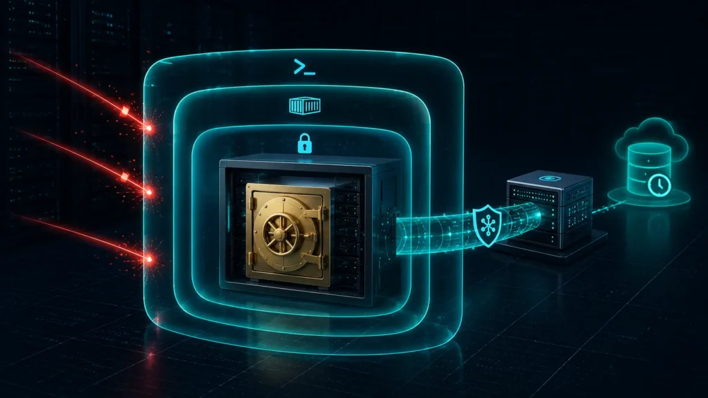 A technical network schematic showcasing a credential database insulated by multi-layered server defenses during the process of securing self hosted bitwarden outposts.