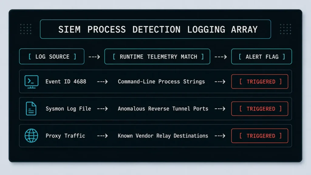 A technical user interface dashboard mapping out SIEM process logging parameters to detect and flag unauthorized threat actor rmm usage via Windows Event ID 4688 and Sysmon tracking lines.
