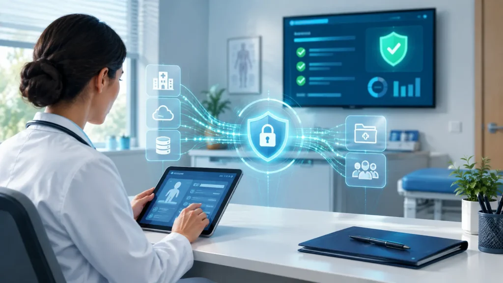 A healthcare operations interface showcasing encrypted electronic health records protected by administrative safeguards to maintain small business HIPAA compliance.