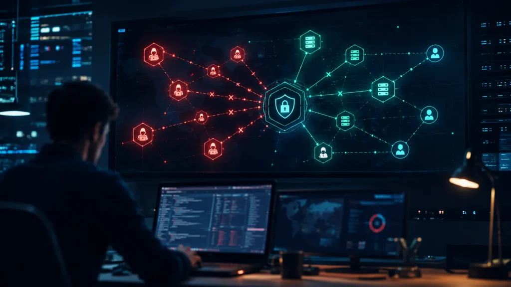 A security operations center dashboard monitoring an infrastructure network map to identify and block malicious threat actor rmm usage across corporate endpoints.