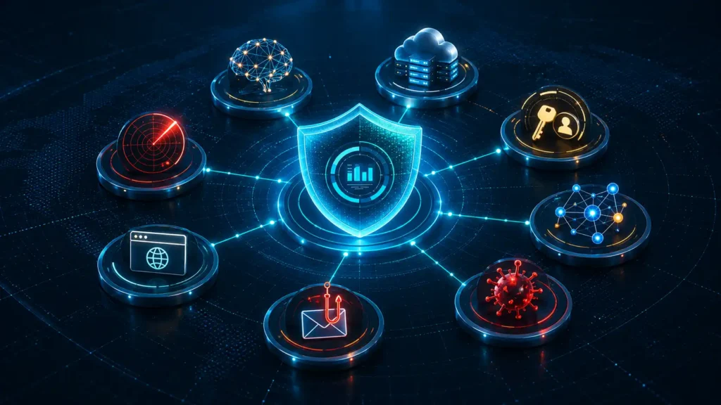 A technical network schematic showcasing an integrated threat detection node mapping eight operational attack vectors analyzed across the Top 50 Cybersecurity Threats Report.