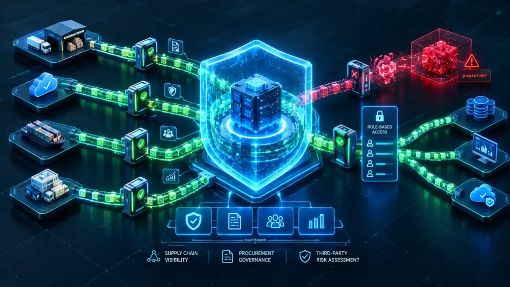 Isometric 3D architectural diagram demonstrating a secure procurement framework for vetting third party saas vendors, showing compliance screening pipelines filtering data flows and isolating external access perimeters.